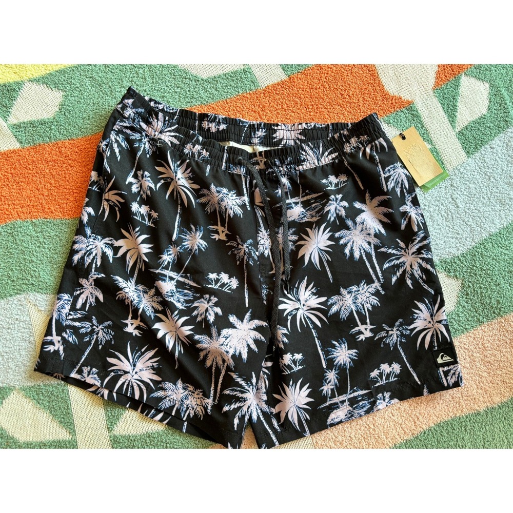 Quiksilver‎ Mens Black Palm Tree Print Swim Trunks Size Large